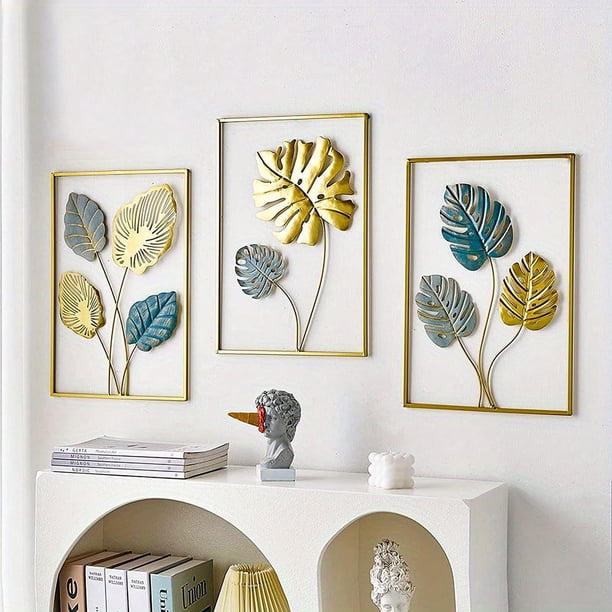 3pcs Mounted Metal Wall Decor, Thick Minimalist Metal Wall Art, Modern Metal Leaf Wall Hanging, Suitable For Sofa Backdrop Bedroom And Living Room, Golden Classic Style, No Frame, 17.3x 11.8 Inches