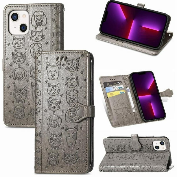 Funda Cartera FOXDOCK para iPhone 13 , Flip PU con Relieve de Gatos y Perros, Tarjetero y Soporte