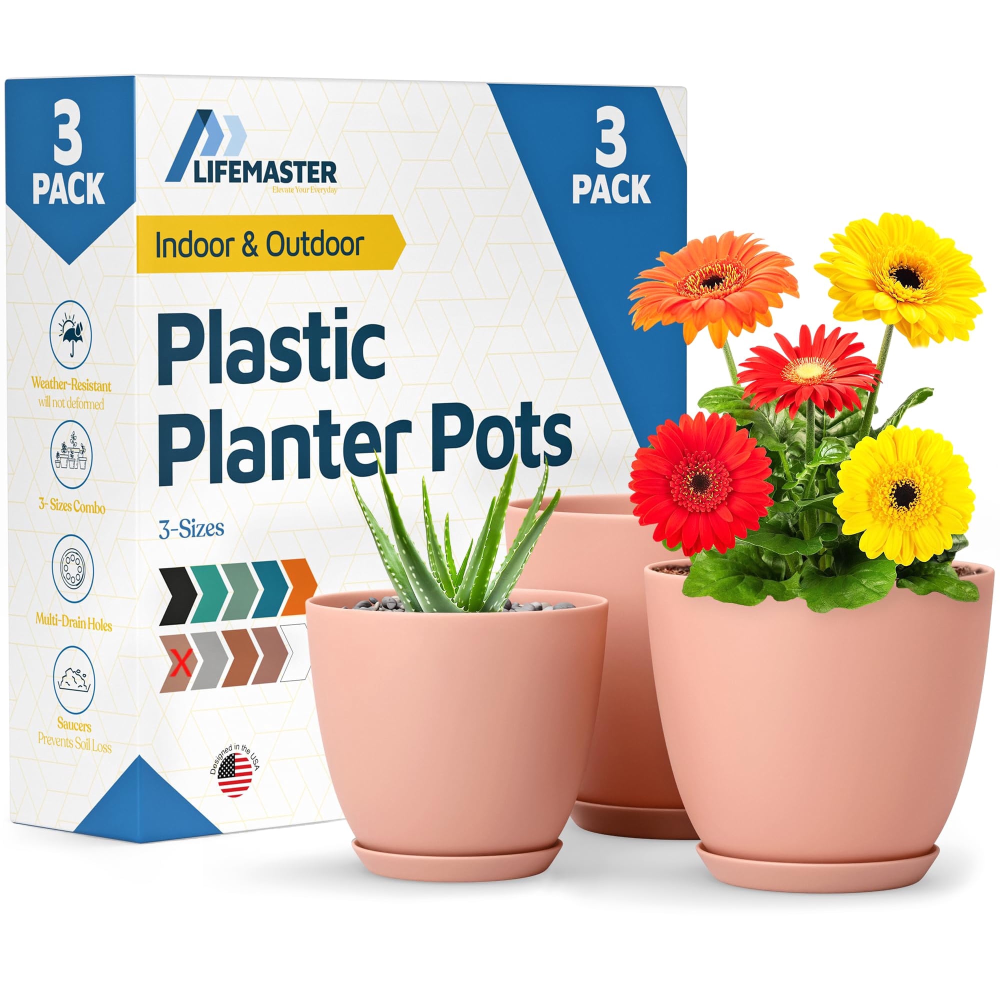Macetas Lifemaster 3 Piezas Rosa Apilables 18 Cm 17 Cm 15 Cm