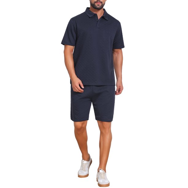 INSPIRE CHIC Conjuntos de 2 Piezas para Hombre Camisa Polo y Pantalones Cortos con Cordón Conjuntos Texturizados S Azul Marino