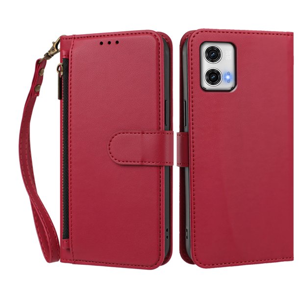 Funda Tipo Billetera para Motorola Moto G73 5G con Soporte y Bolsillo con Cierre Rojo