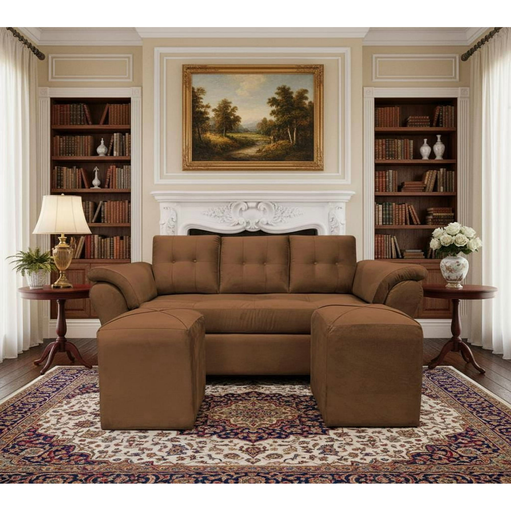 Mueblesjd - Sofá New Sira + Puff Felpa Café