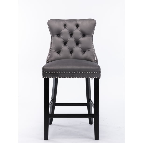 Contemporary Velvet Upholstered Barstools with Button Tufted Decoration and Wooden Legs, and Chrome Nailhead Trim, Leisure Style Bar Chairs,Bar stools, Set of 2 (Gray),SW1902GY