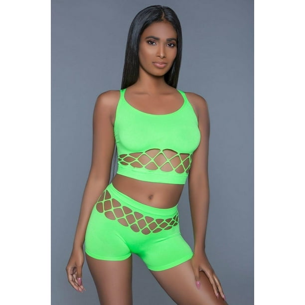 Conjunto de 2 Pzas de Red de Seda Que Incluye un top Corto sin Mangas con Tirantes Cruzados y un Par de Shorts de Cintura Alta. Rosa Neón