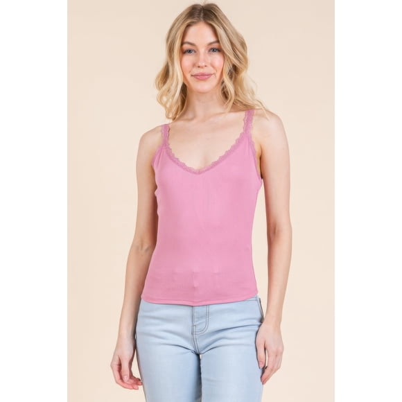 Top Fashnzfab De Tirantes Con Encaje Y Cuello En V Acanalado Rosa