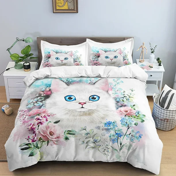 x1747 Bed SheetsAnimals Duvet Cover Set Cute Cat Printed Comforter Cover Personality Bedding Set Creative Size Bedclothes For Bedroom 3-Piece Bedding Set (1 Duvet Cover + 2 Pillow Shams) nj1747