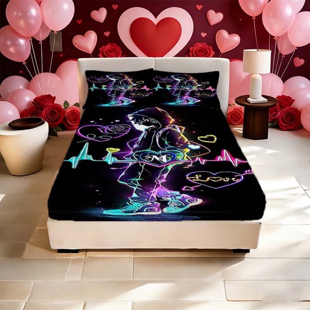 Neon Anime Wallpaper Printed Bed Sheet Bed Sheet Which Is Fashionable And Warm And Romantic Available in All Seasons! Ideal Family Friends Holiday Party Gifts 1