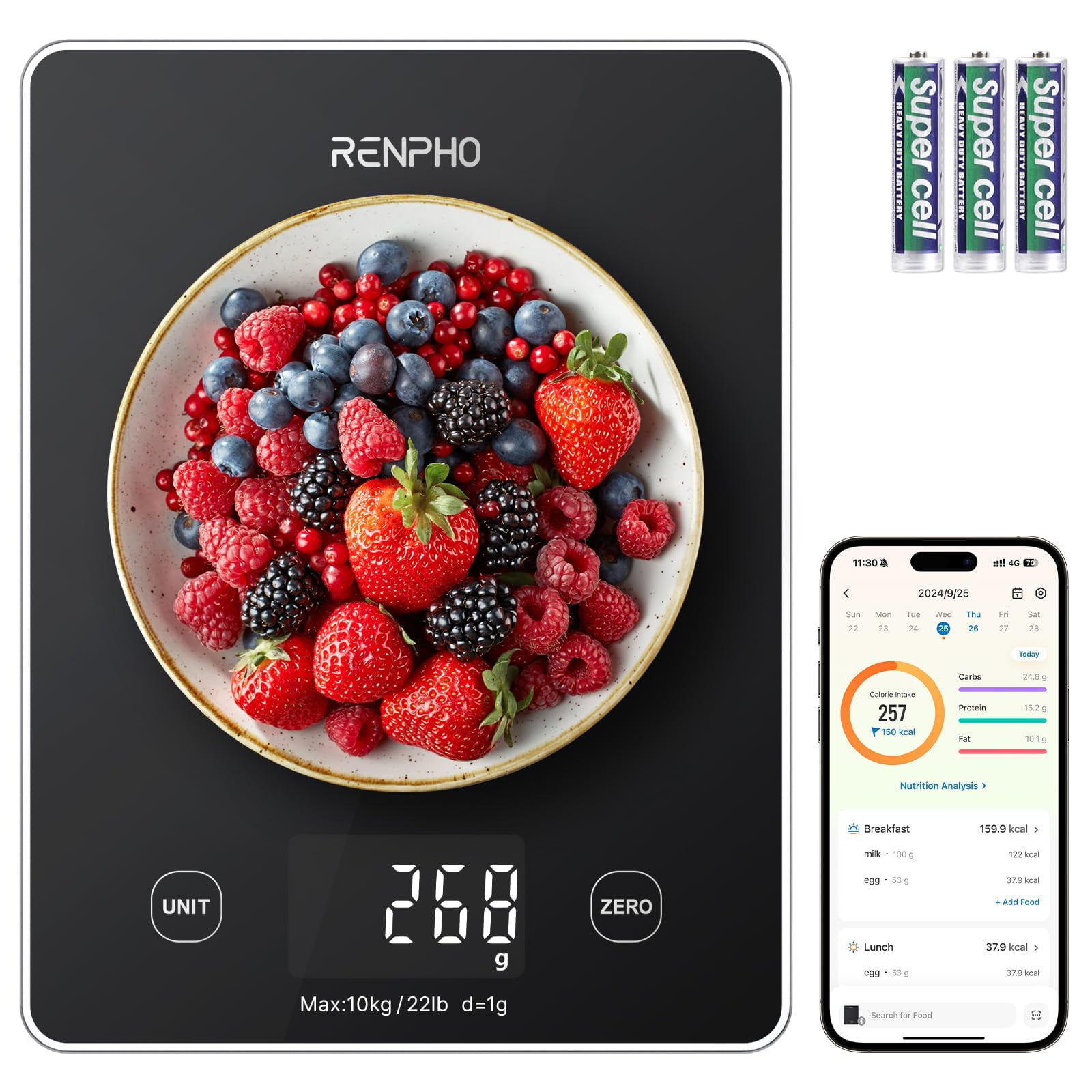 Báscula De Cocina Renpho Digital Smart Food, 10 Kg/22 Libras, Negra