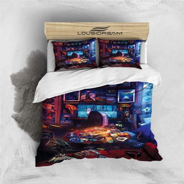 v2783 Bed Sheets Horror Moive Halloween Bedding Set,Duvet Cover Comforter Bed Set Quilt Cover Pillowcase,King Queen Twin Size Boys Girls Adults 3-Piece Bedding Set (1 Duvet Cover + 2 Pillow Shams) Bed