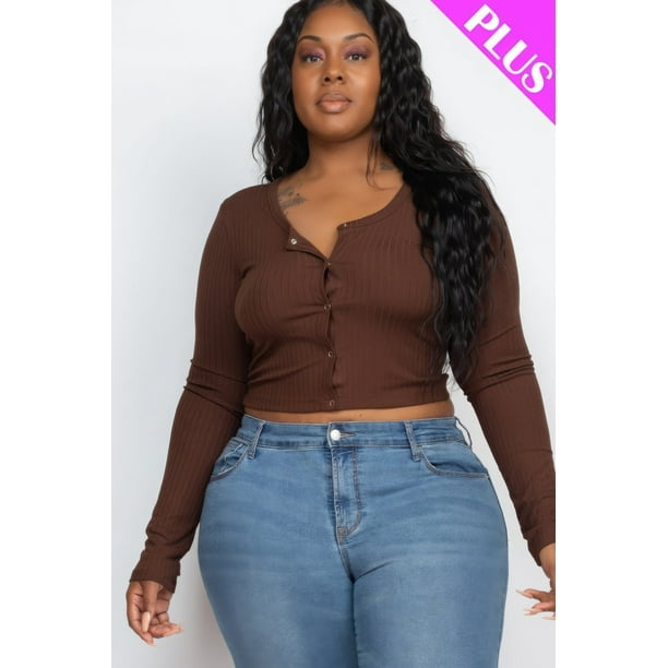 Saronite Top Corto Básico de Punto Acanalado con Mangas Largas y Botones Delanteros, Color Café (Talla Grande para Mujer)