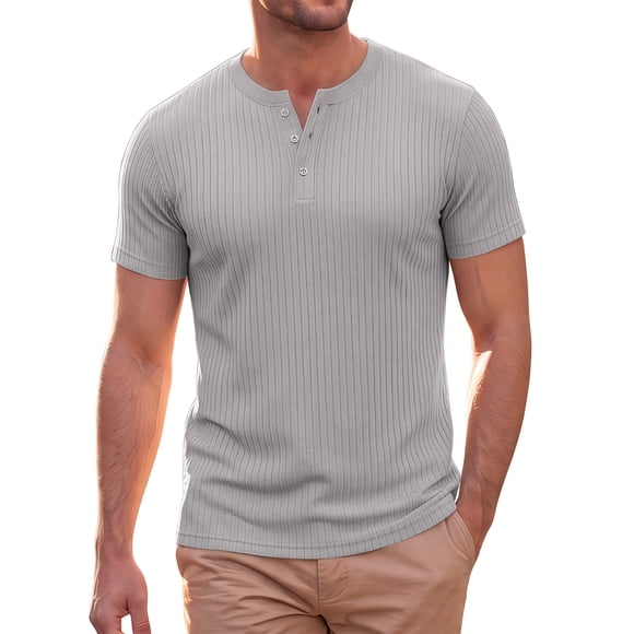 Camiseta Henley de Hombre INSPIRE CHIC de Manga Corta Cuello Redondo Verano a Rayas T-Shirts L Gris