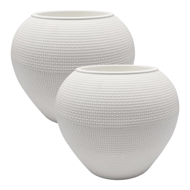 Set 2 Maceteros Plastico Redondo Ovalado Moderno Textura L blanco