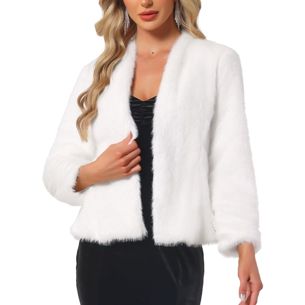 Abrigo de Mujer de Piel Sintética sin Cuello, Abierto al Frente, Chaqueta Esponjosa para Eventos Especiales y Fiestas, Talla L, Blanco
