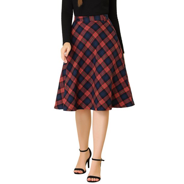 INSPIRE CHIC Faldas a Cuadros para Mujer Regreso a Clases con Cinturón de Cintura Alta Línea A de Longitud Media Rojo Azul 2XL