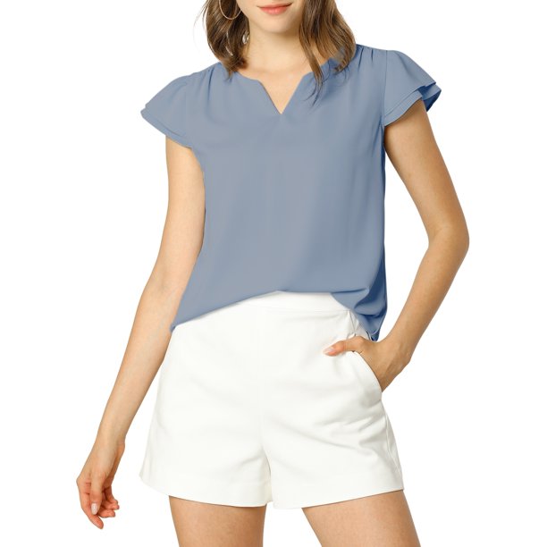 INSPIRE CHIC Blusa Sólida para Mujer Cuello en V con Volantes Manga Corta Ligera para el Trabajo XS Gris Oscuro Azul