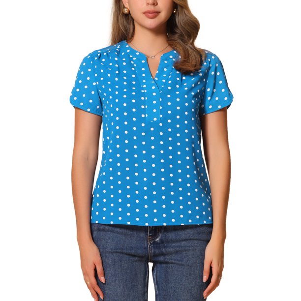 INSPIRE CHIC Blusa de lunares impresa para mujer de regreso a clases, cuello en V, manga corta, top para usar en el trabajo, talla L, azul cielo