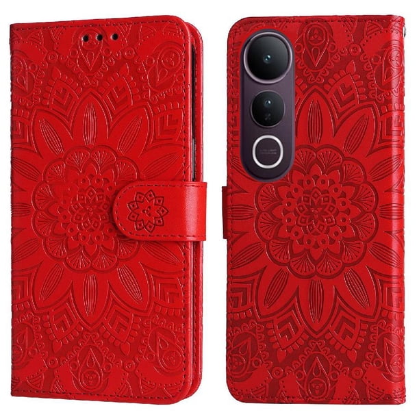 Funda tipo cartera FOXDOCK para Vivo V50 Lite , diseño girasol en relieve, cuero PU, cierre magnético, soporte y tarjetero
