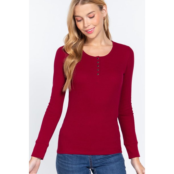 Saronite Top Térmico Básico de Punto Acanalado con Cuello Redondo y Manga Larga, Color Vino (Mujer)