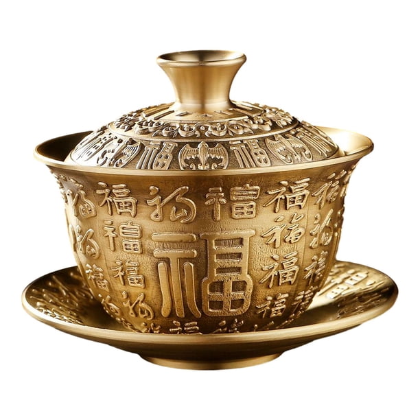 Taza y platillo de té de Kung Fu, regalo de año Nuevo de cobre, adornos portátiles, juego de té chino Gaiwan, taza de té para el hogar, restaurantes y personajes fu