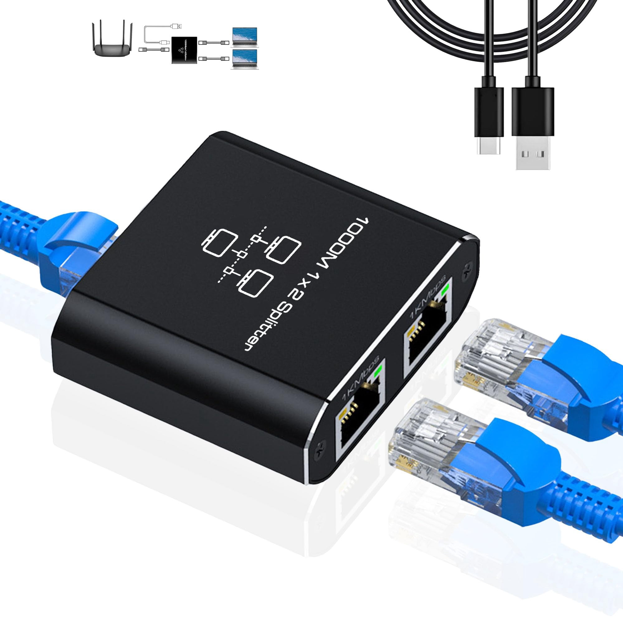 Divisor Ethernet Liezhua Gigabit 1 A 2 Con Cable De Alimentación Usb
