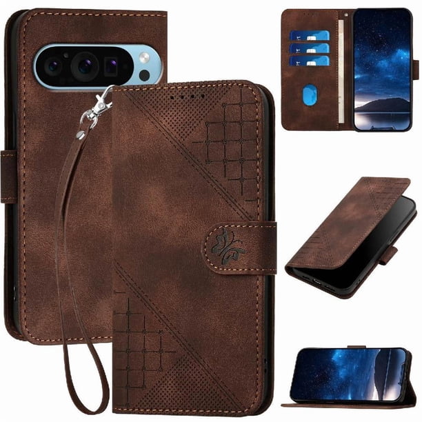 Funda Flip Premium Fibra de Carbono para Google Pixel 9 Pro XL con Soporte y Cierre Marrón