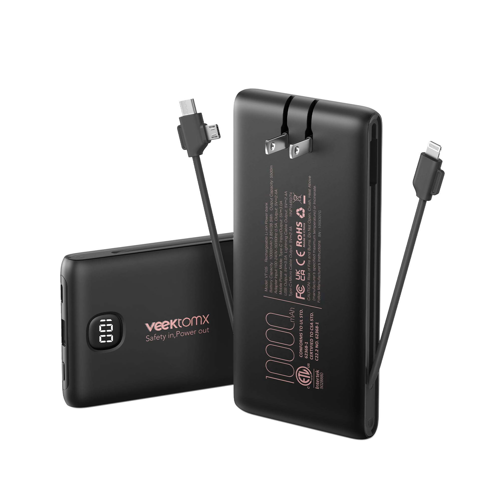 Power Bank Veektomx De 10000 Mah Con Cables Integrados Y Enchufe De Pared