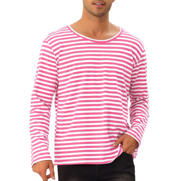 INSPIRE CHIC Camiseta a Rayas para Hombre Cuello Redondo Casual de Manga Larga Básica Tallas M Rosa Blanco