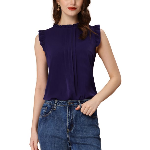 INSPIRE CHIC Blusas sin mangas para mujer de regreso a clases, blusas de trabajo con volantes y pliegues, tops elegantes azul oscuro M