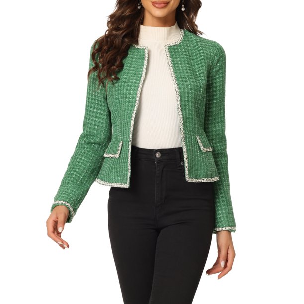 INSPIRE CHIC Traje de Maestra para el Regreso a Clases de Mujer Chaqueta Corta de Tweed a Cuadros Abierta para Oficina S Verde