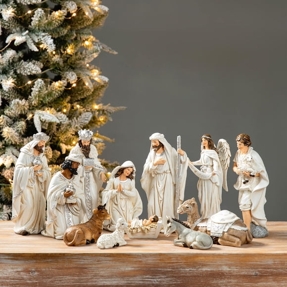 Set Figuras Navideñas Glitzhome Resina Marfil 12 Unidades