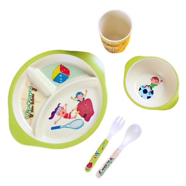 Un juego de vajilla infantil de fibra de bambú ecológica con plato dividido de dibujos animados para bebés