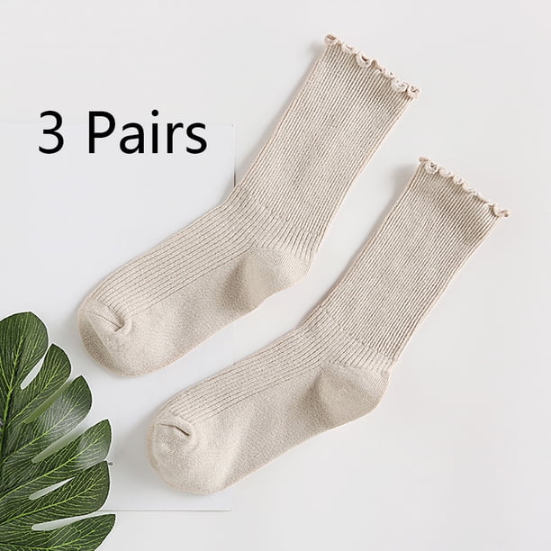 Calcetines de mujer. Calcetines tobilleros informales con puños vueltos y volantes, transpirables, de algodón fresco, con diseño de lechuga y volantes (paquete de 3)