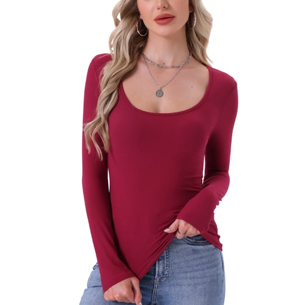 INSPIRE CHIC Camisetas térmicas para mujer Capa base de manga larga Ropa interior Otoño Invierno Pijamas Tops Camiseta básica XL Rojo