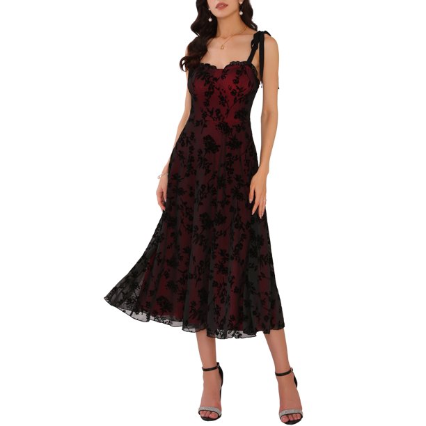 INSPIRE CHIC Vestido sin mangas para mujer de malla floral con tirantes finos estilo gótico vintage para cóctel en línea A L Negro
