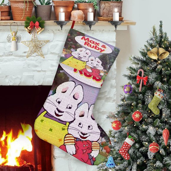 Max y Ruby Tema: Calcetines de Navidad, fino lino blanco para colgar en escaleras y chimenea, decoración navideña para el hogar, regalo de Navidad. 45cm × 32cm