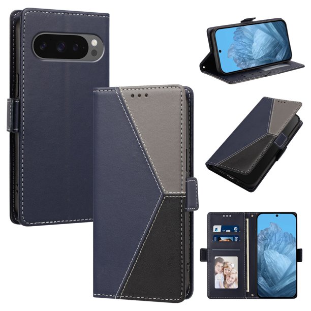 Funda Cartera Tricolor para Google Pixel 10 Pro XL 5G con Soporte, Azul Oscuro