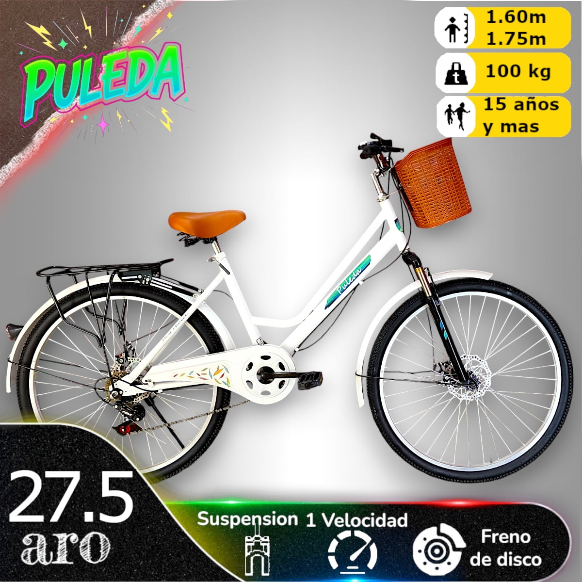 Vipnetwork - Bicicleta Aro 27.5 Puleda Blanca De Paseo Con 7 Velocidades Y Freno Disco