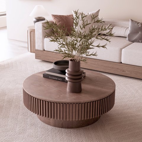 M&Ms - 39.37'' Round Coffee Table With Storage Solid Wood Veneered Modern Coffee Table Accent Tea Table For Living Room, Bedroom, Apartment Or Office, Walnut