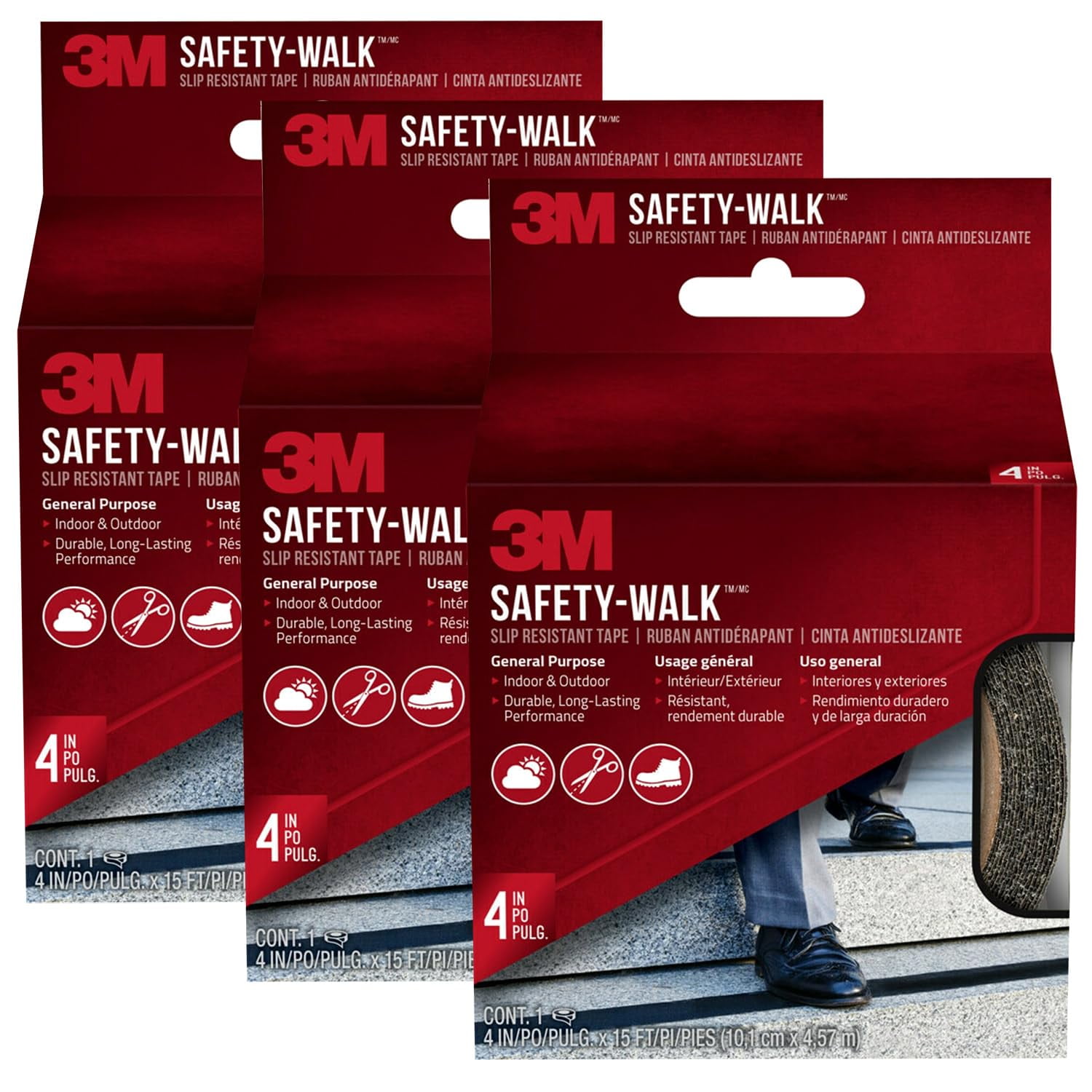 Cinta Antideslizante 3m Safety-walk De 4 Pulgadas X 4,6 M, Color Negro, Paquete De 3