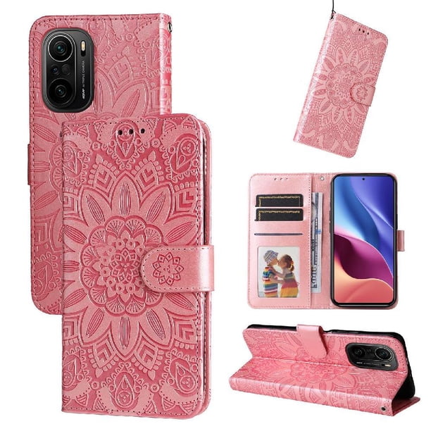 Funda tipo cartera FOXDOCK para Xiaomi Poco F3 , diseño girasol en relieve, cuero PU, cierre magnético, soporte y tarjetero