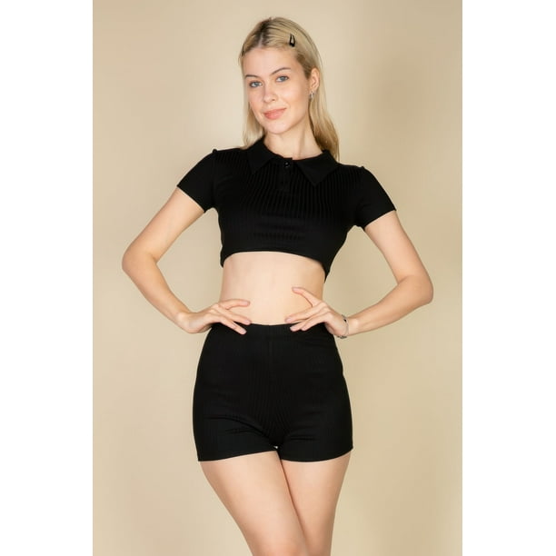Conjunto de Top Corto y Shorts de Manga Corta con Cuello Acanalado