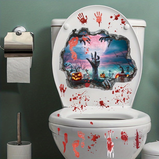 2pcs/set Halloween Decorations Bathroom Set, Halloween Broken Walls And Bloody Hands Stickers, DIY Removable Waterproof Horror Bloody Screaming Zombies Wall Sticker, Halloween Toilet Decor
