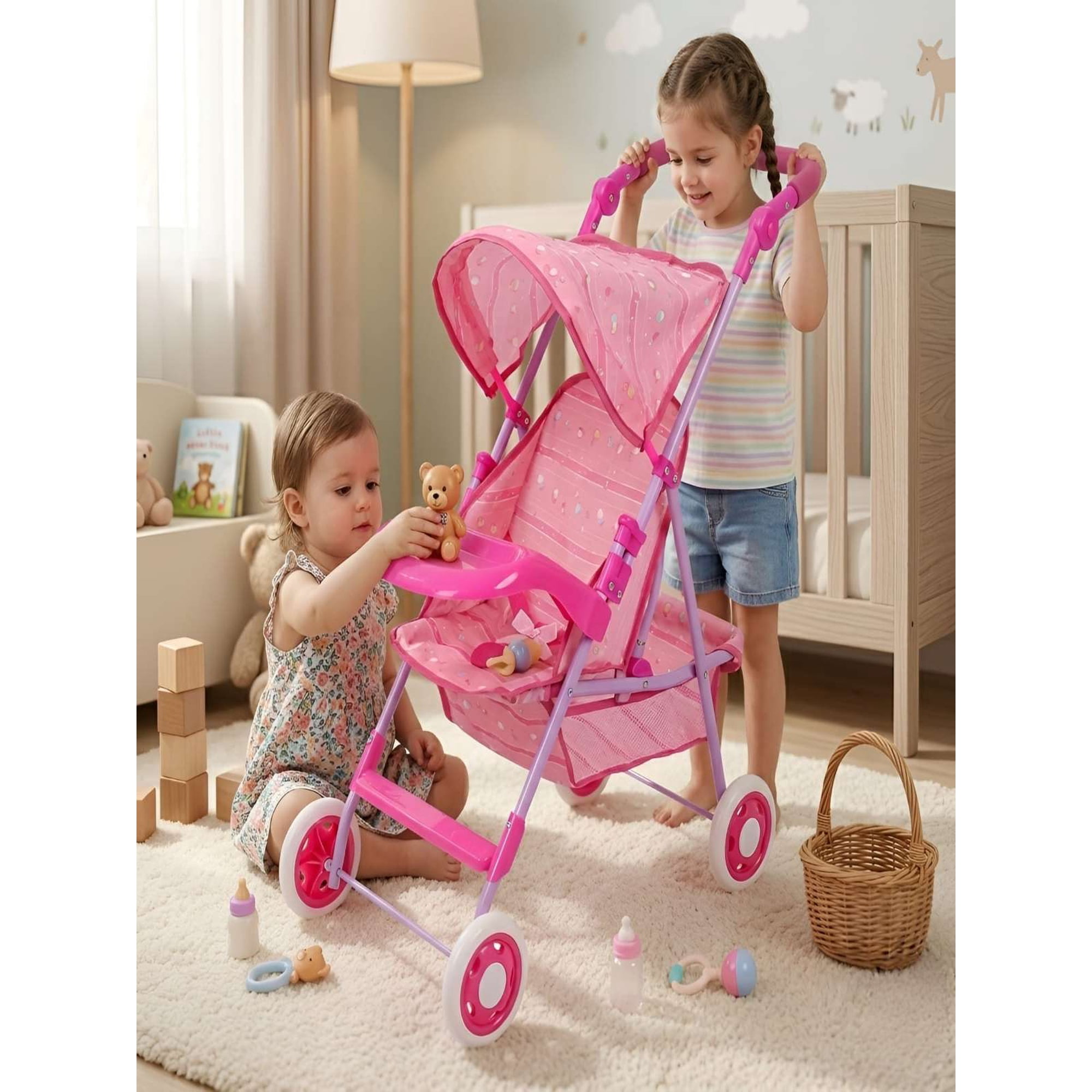 Todo Para El Hogar - Coche De Juguete Para Muñecas Con Toldo Plegable Y Bandeja Rosado Diseño Lineal