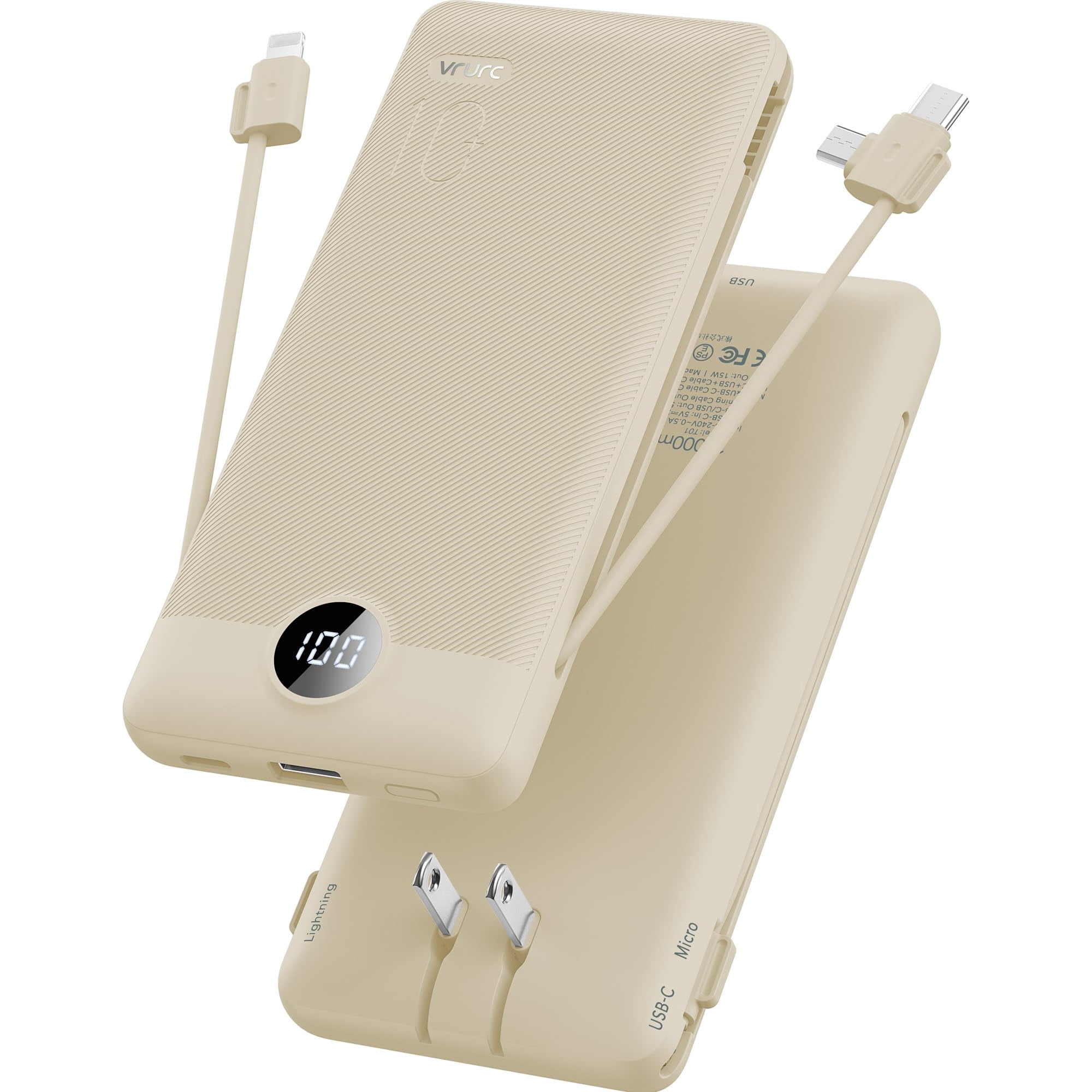 Cargador Portátil Vrurc De 10000 Mah Con Cables Integrados Y Enchufe De Pared