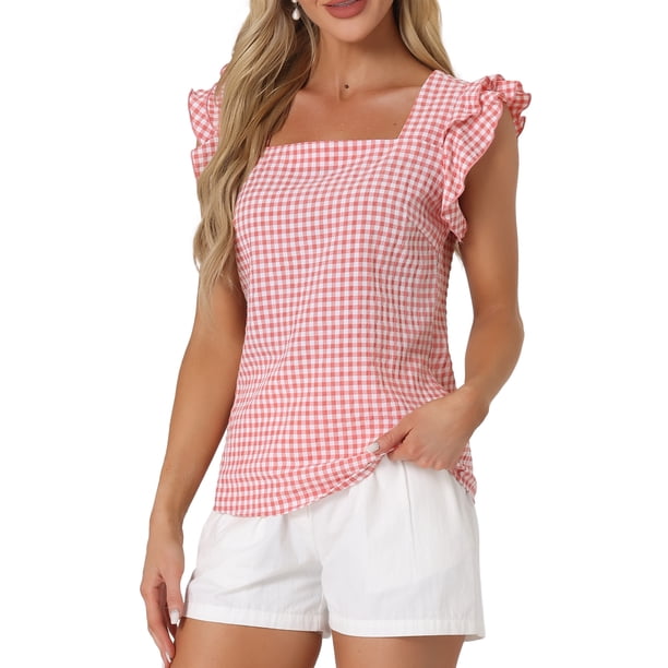 INSPIRE CHIC Blusas de Cuadros para Mujer de Regreso a Clases Cuello Cuadrado Mangas con Volantes Blusa de Verano Rosa XL