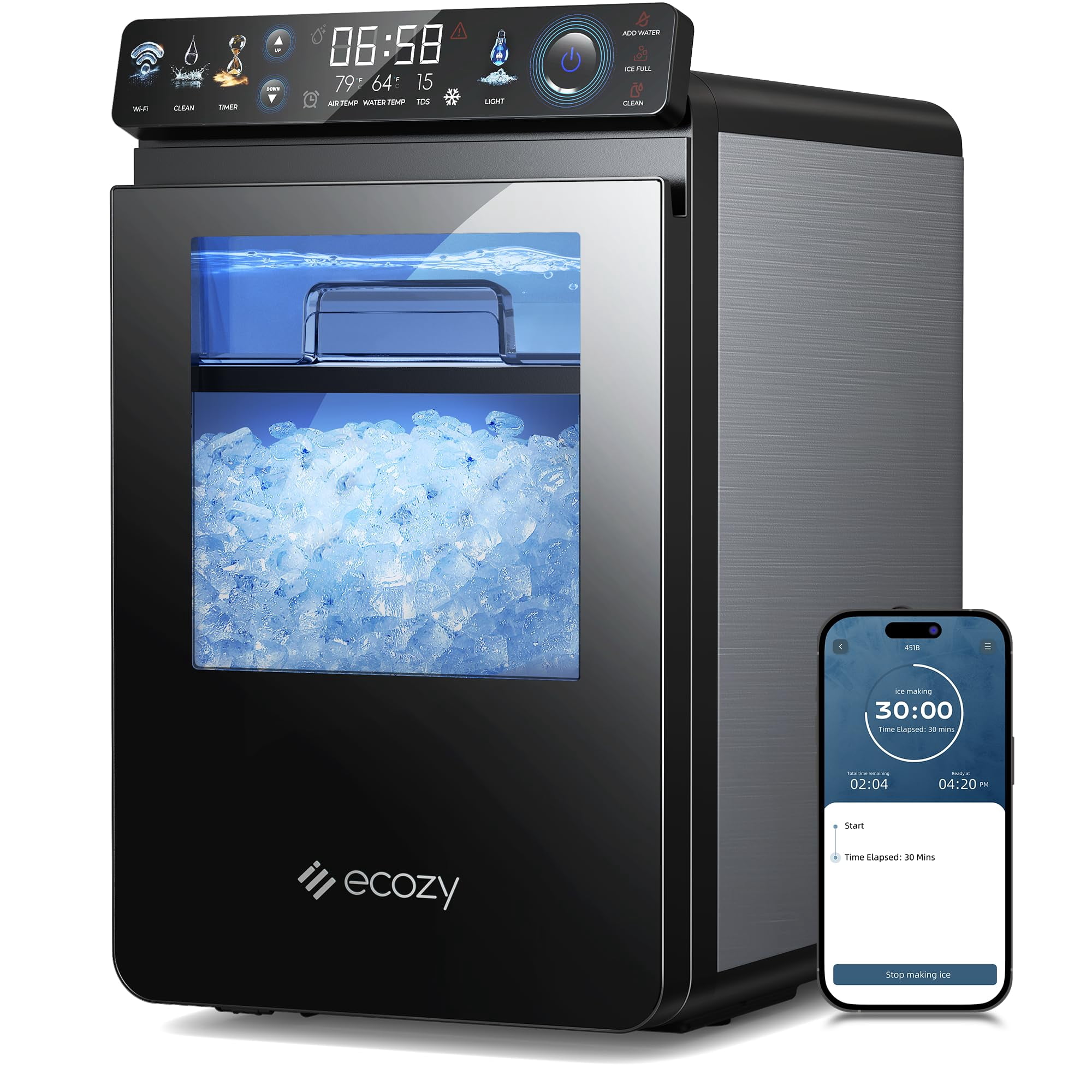 Máquina De Hielo Ecozy Smart Nugget 20 Kg/24 H Con Panel Inteligente A Todo Color