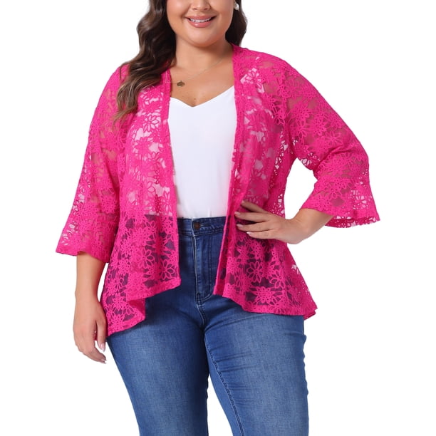 Agnes Orinda Trajes de Halloween para Mujeres Tallas Grandes Cárdigans de Escuela Universitaria Abiertos al Frente Mangas 3/4 Acampanadas Encaje Transparente Floral Cubierta Bolero Chalecos 2X Rosa