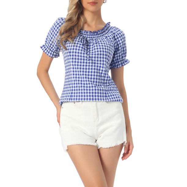 INSPIRE CHIC Blusa de cuadros para el regreso a clases de mujer con cuello redondo, volantes y mangas abullonadas L Azul Real