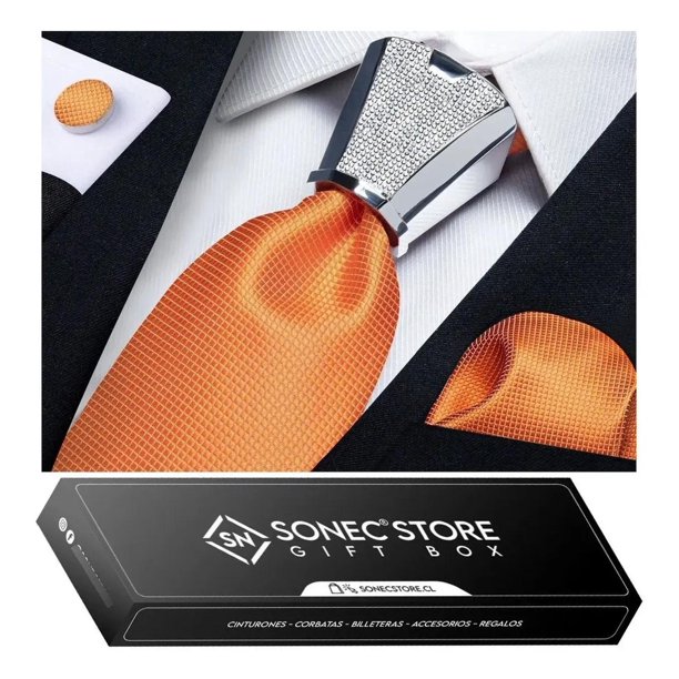 Corbata Seda Hombres + Nudo + Colleras + Paño. Dif Modelos naranja Talla Única