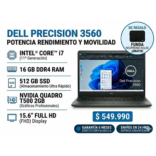 Notebook Reacondicionado Dell Precision 3560 Intel Core i7-1185G7 11va Gen 16GB Ram 512GB SSD NVIDIA T500 2GB Win11 Pro